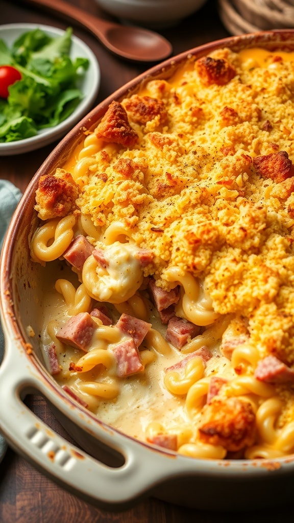 A delicious ham and cheese casserole with melted cheese and breadcrumbs, served in a rustic dish.